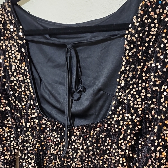 Gold and Black Sequin Bodycon Dress with Bishop Sleeves - Picture 5 of 10